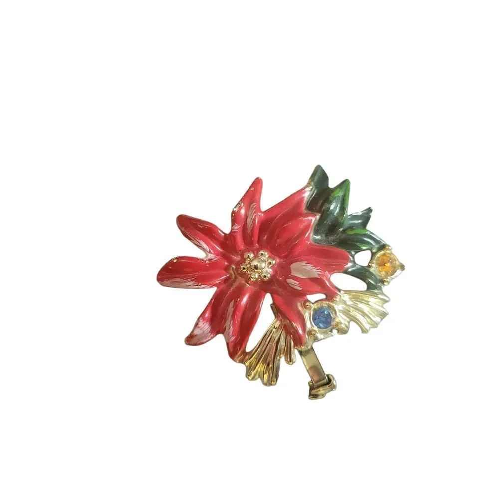 Elegant Red and Green Floral Brooch